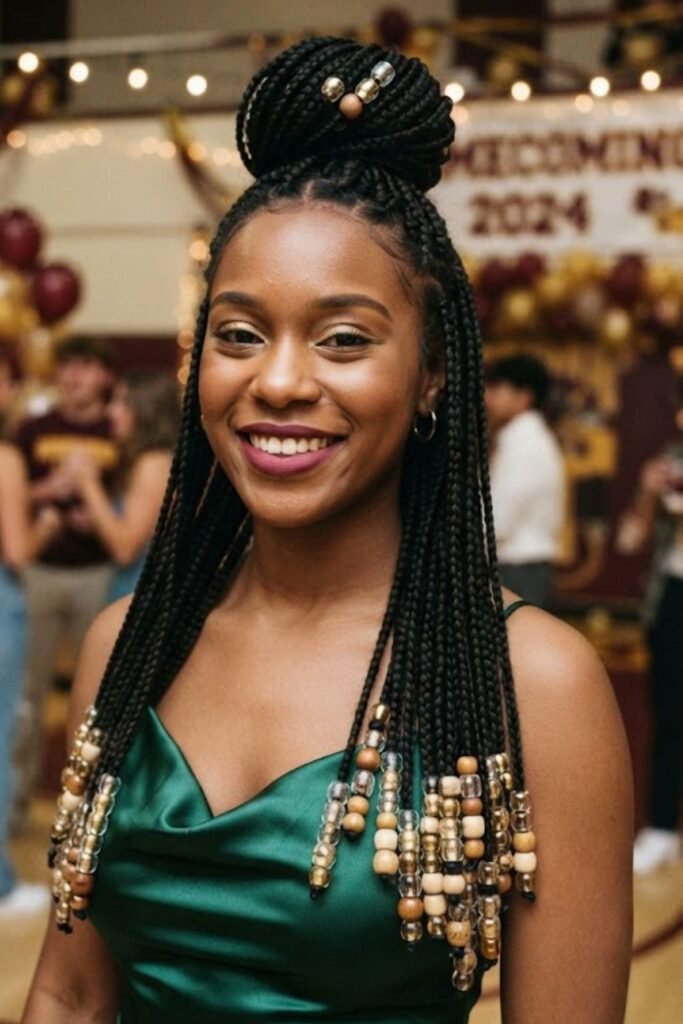 Half-up box braids decorated with gold beads