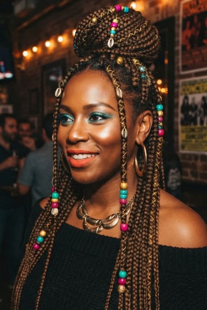 Woman with box braids, colorful beads and a scrunchie