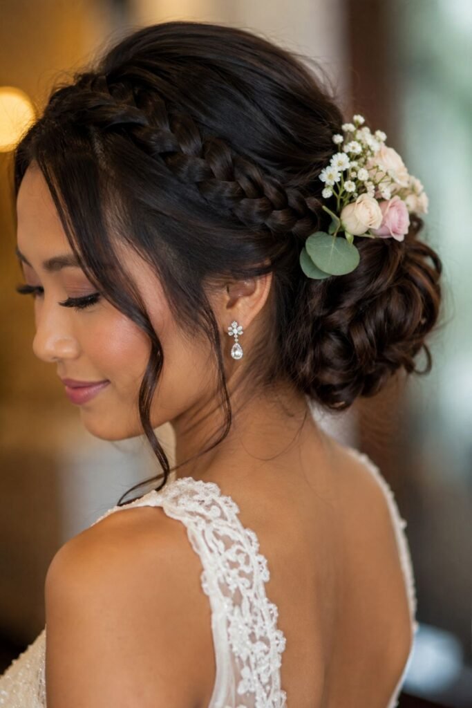 Braided bridal chignon with small flowers