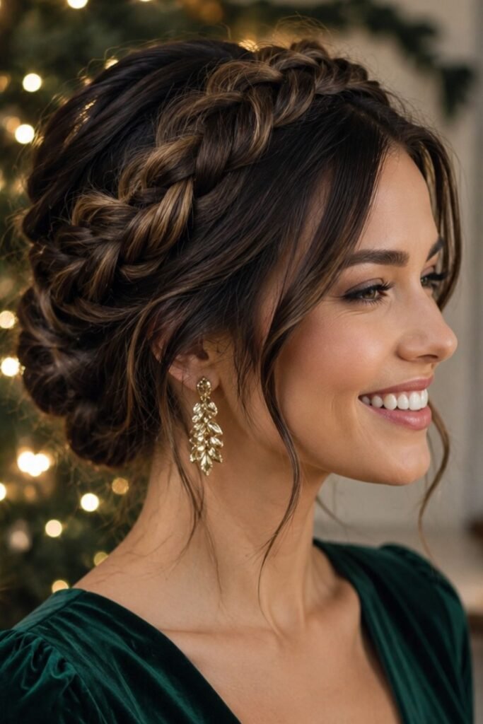 Braided crown updo with small gold pins