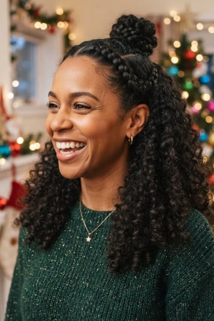 Curly hair with a braided half-up and gold star pins
