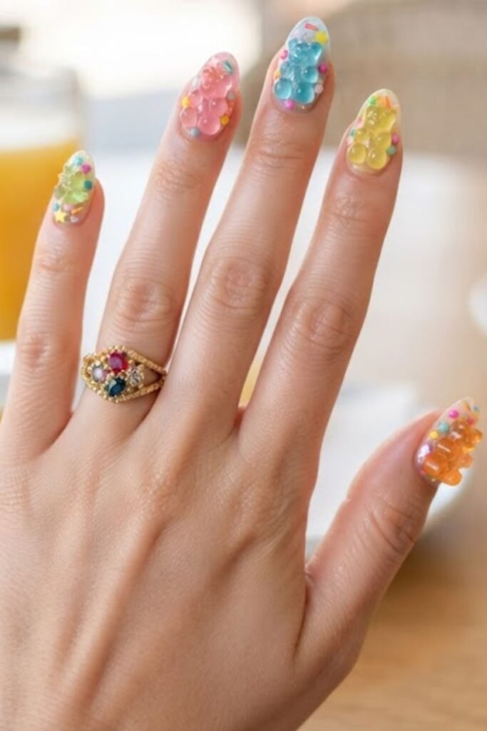 Candy ring accent nail with a sheer gummy jelly manicure