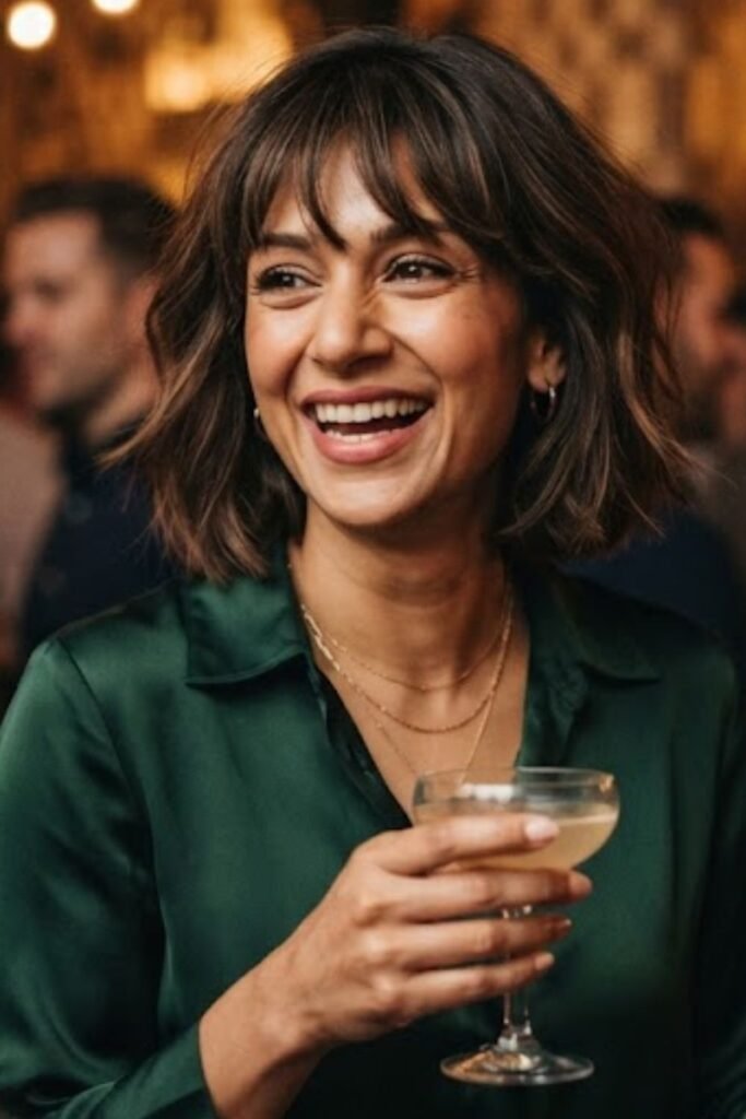 Woman with a chin-length bob and curtain bangs