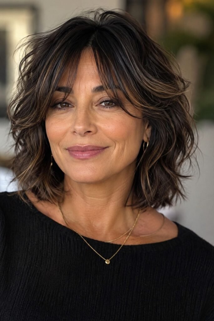 Woman over 50 with a chin-length shag and curtain bangs