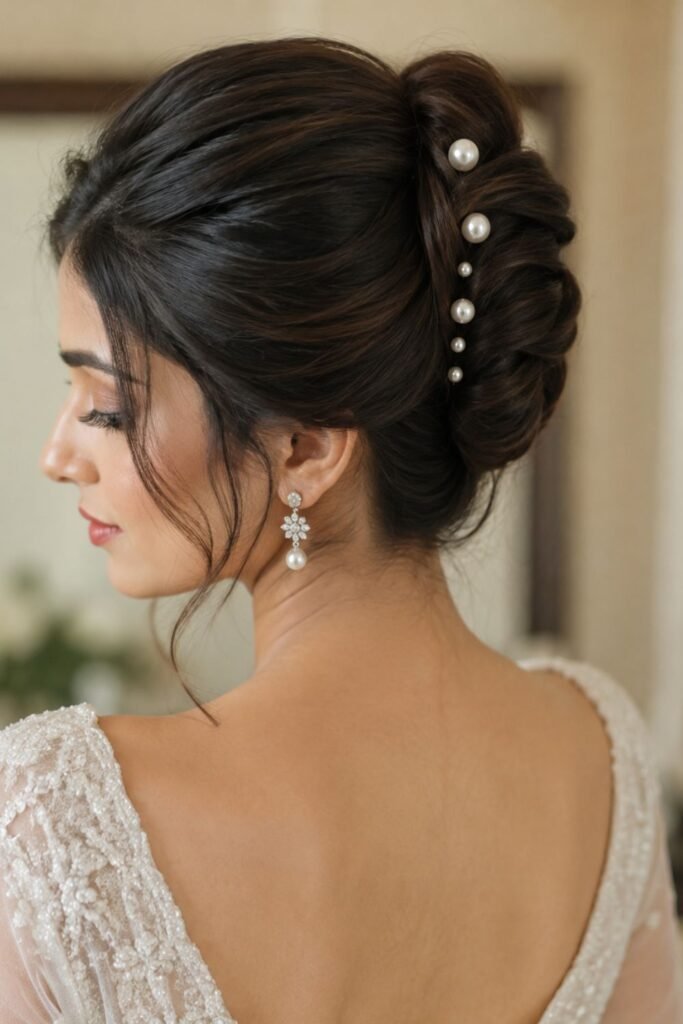 Bridal French twist with pearl pins along the fold