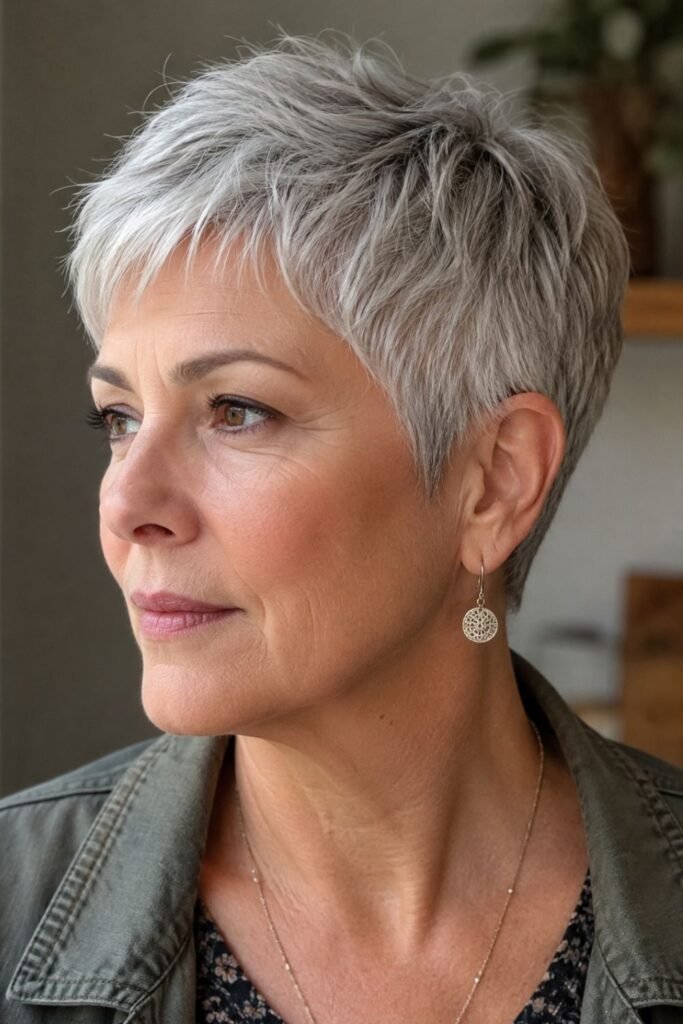 Woman over 50 with a classic silver pixie