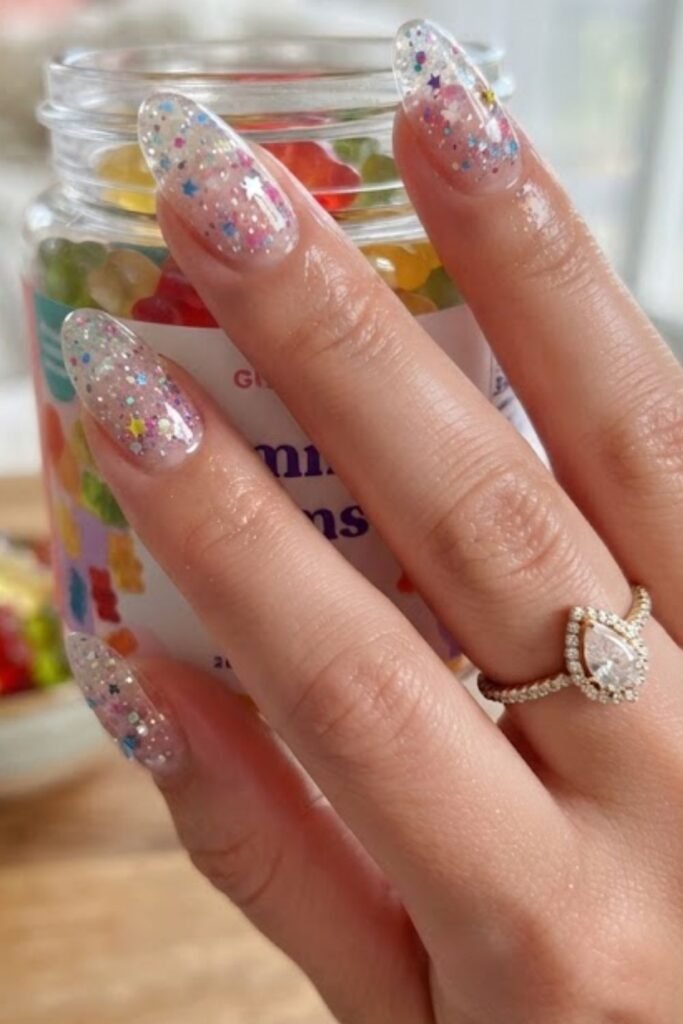 Clear gummy jelly nails with suspended holographic glitter