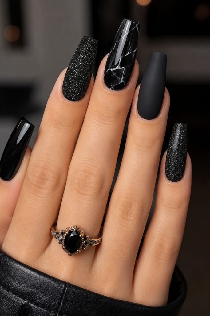 Coffin Nails with Mixed Black Finishes
