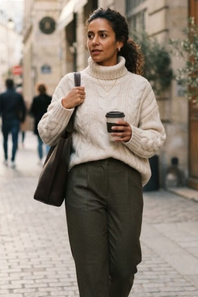 Cream Knit with Tailored Trousers