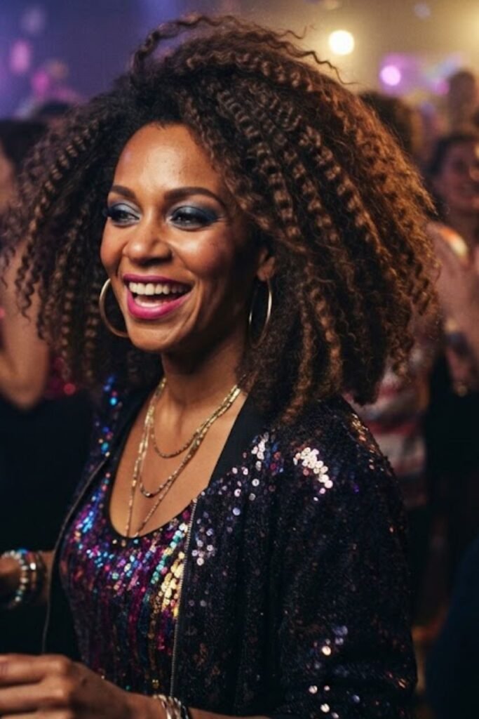 Woman with fully crimped 80s hair