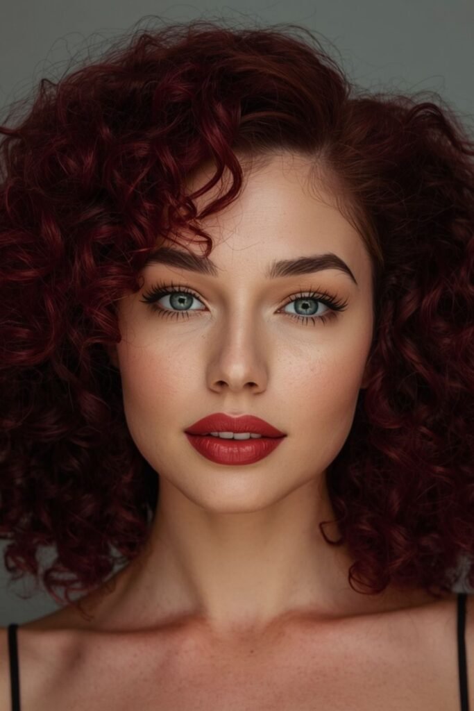 Curly Hair with Dark Cherry Red Color