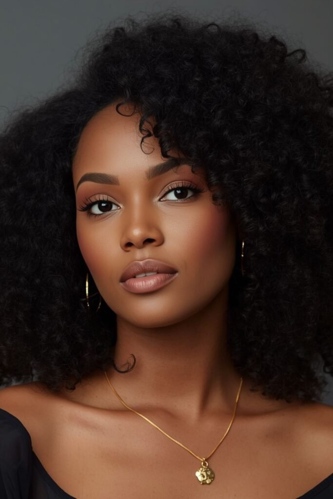 Curly hair with a deep side part and a crystal pin