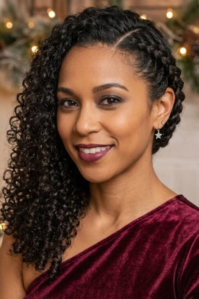 Curly hair with a side braid across the crown and loose curls