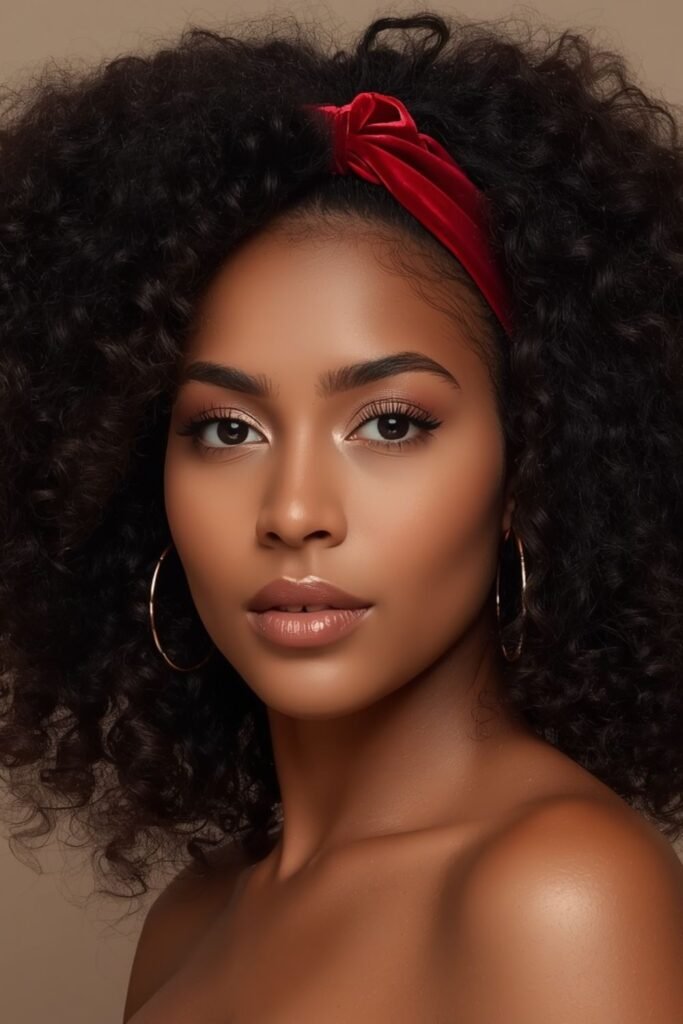 Loose curly hair with a wide velvet headband