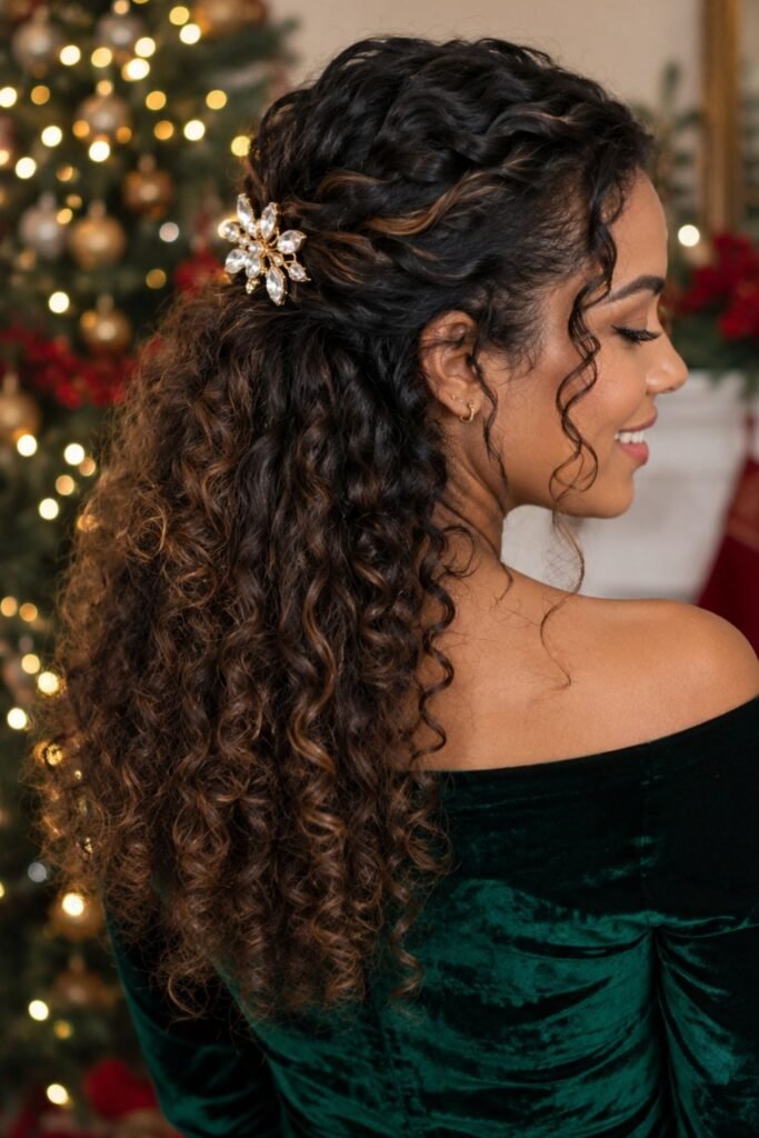 Curly half-up hairstyle with a jeweled claw clip