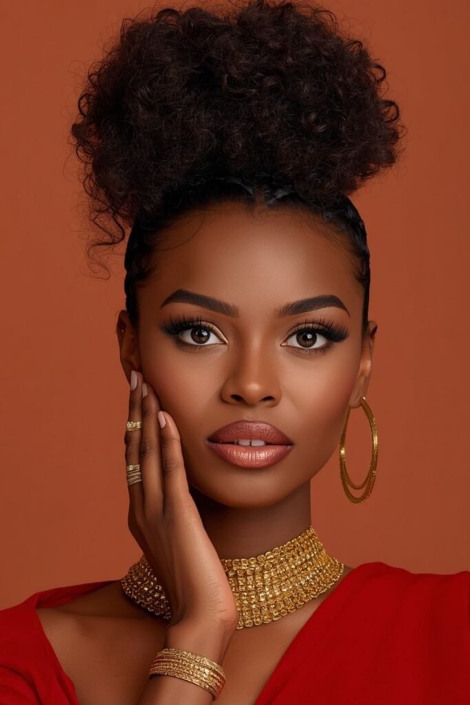 Curly high puff decorated with gold hair cuffs