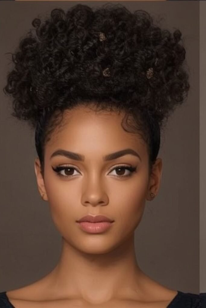 Curly updo decorated with gold star hair picks