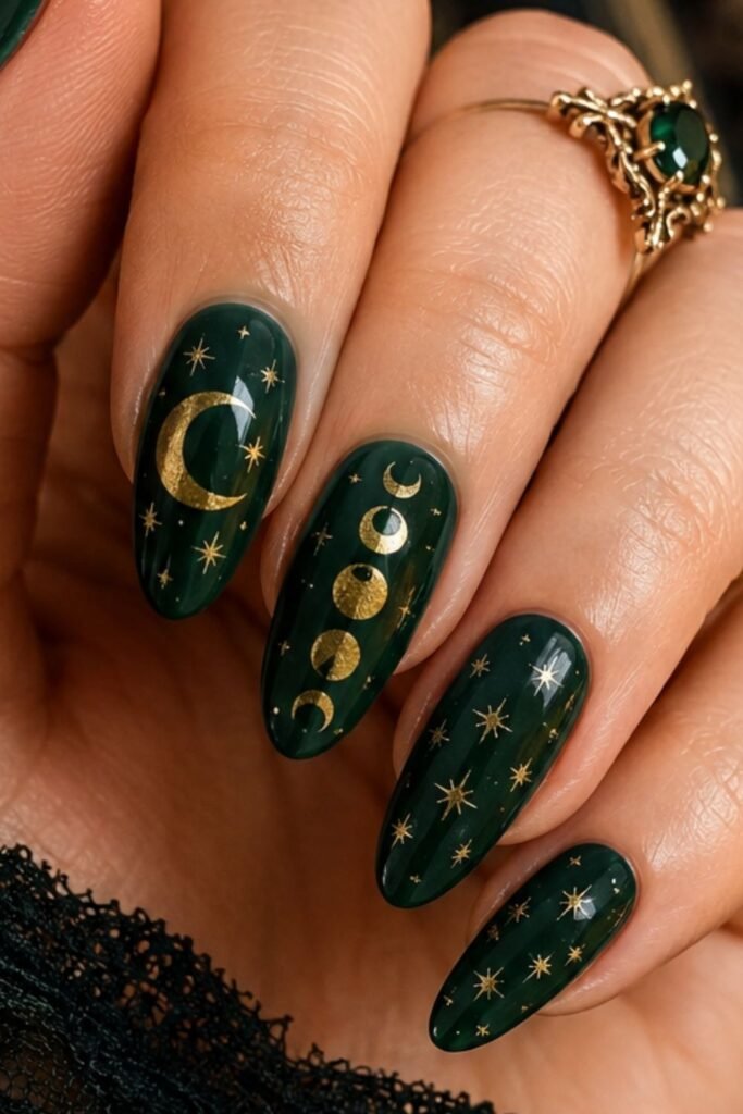 Deep Forest Green with Gold Moon Phases