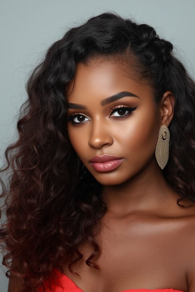 Woman with deep side part curls swept over one shoulder