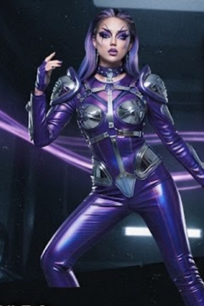 Woman in an electric violet outfit with chrome belt and metallic accessories