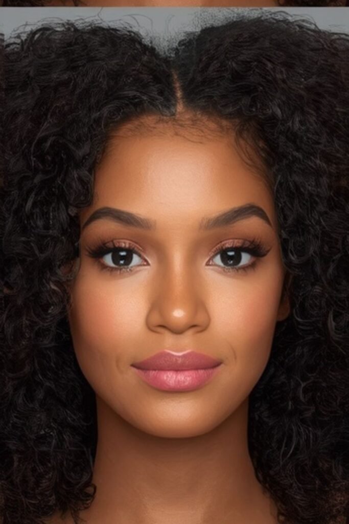 Defined curly hair with glitter spray along the part