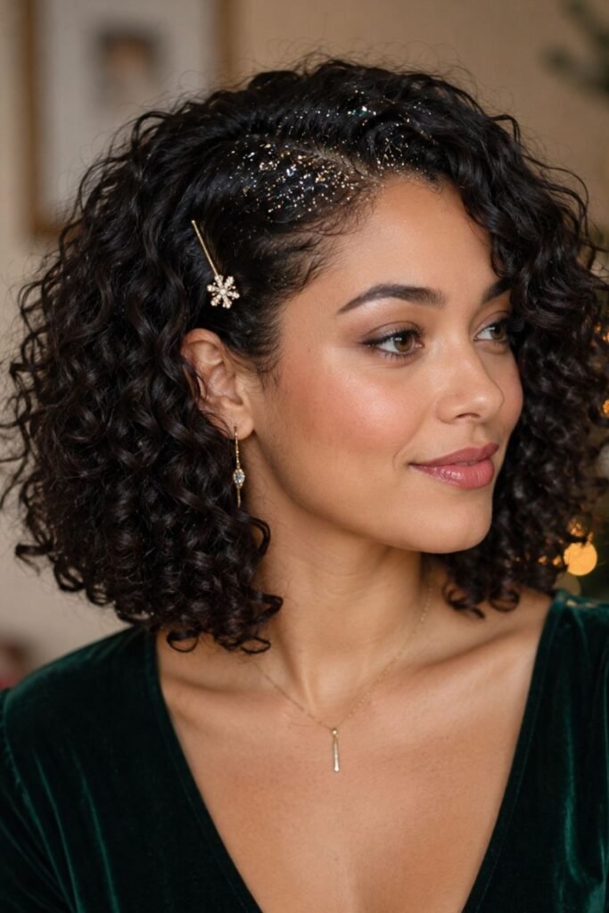 Defined curls with glitter at the part and a rhinestone pin