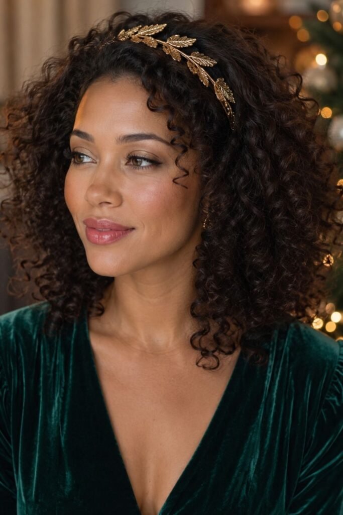 Defined curly hair with a gold headband