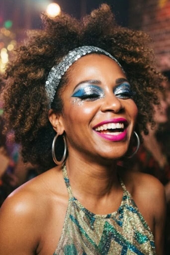 Woman with gold disco glitter eyeshadow and bronzed skin