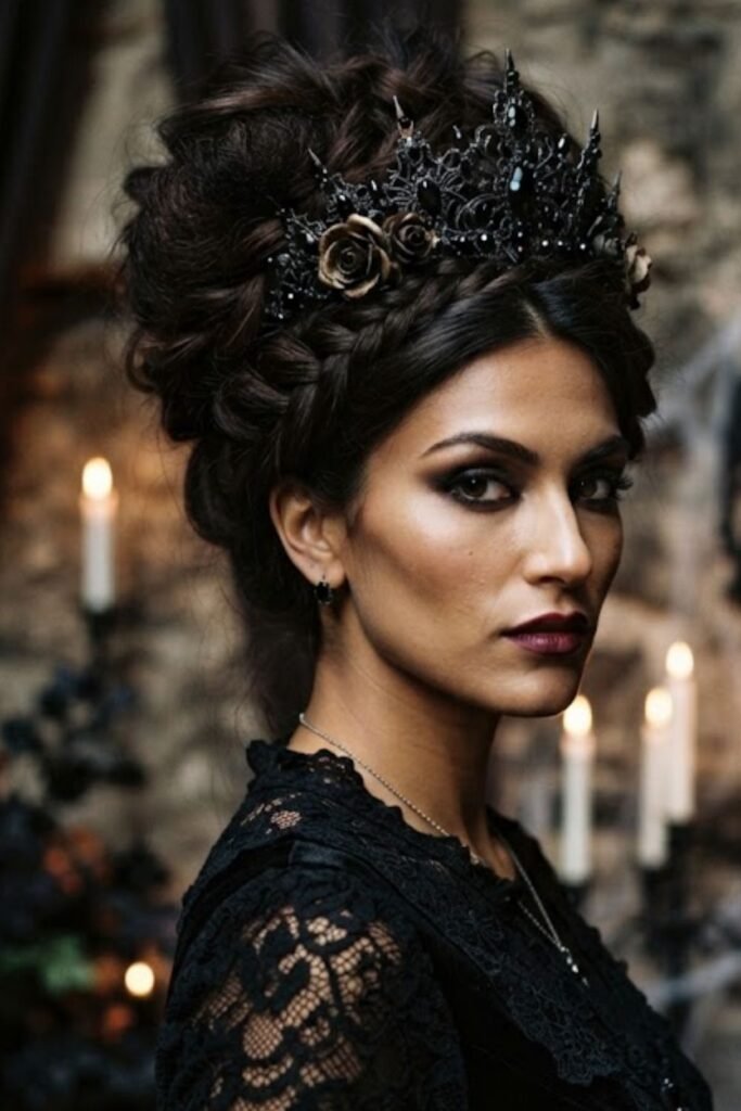 Dramatic Long Updo with Dark Crown
