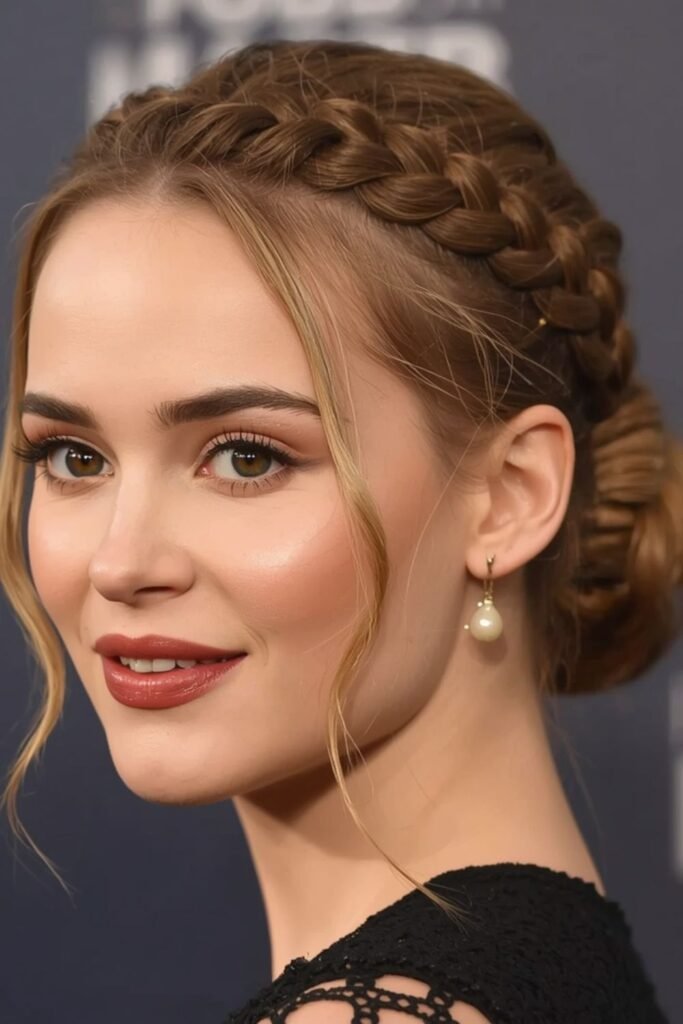 Woman with a Dutch braid leading into a low bun