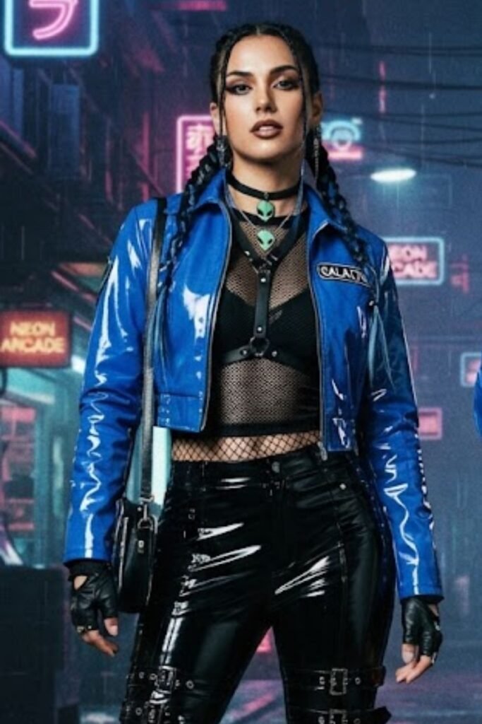 Woman wearing a fitted electric blue vinyl jacket over an all-black outfit