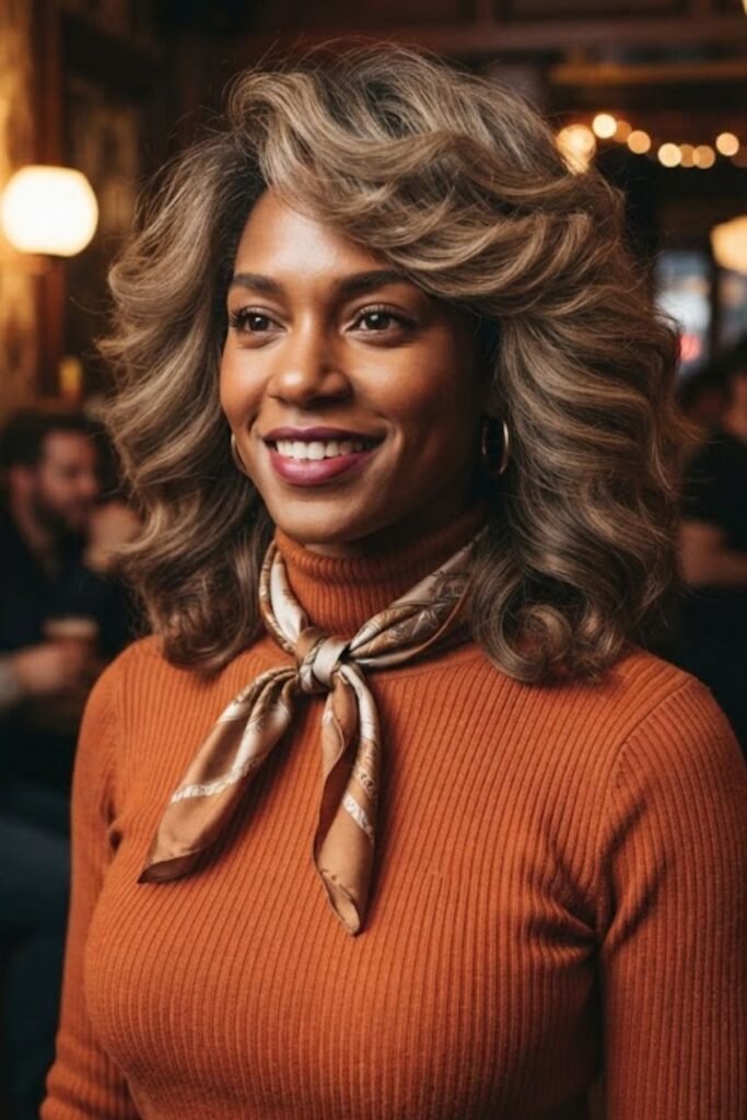Woman with long feathered Farrah waves