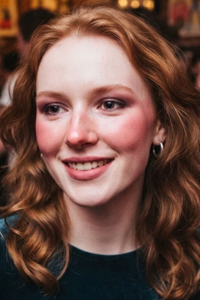 Woman with a pale matte base and flushed rosy cheeks