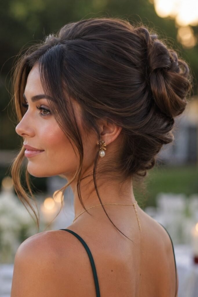 French twist updo with curled face-framing tendrils