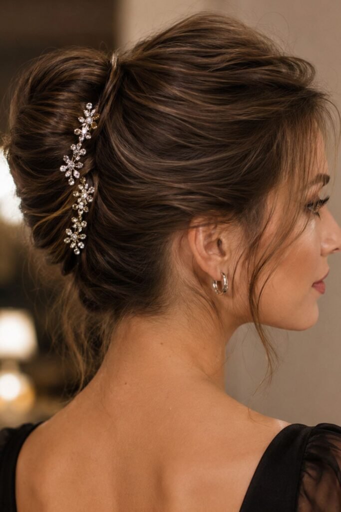 Woman with a French twist decorated with rhinestone clips