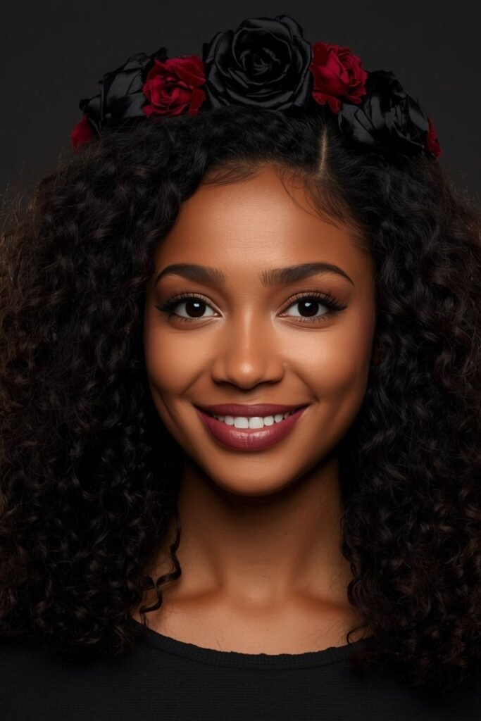 Full Defined Curls with a Dark Floral Crown
