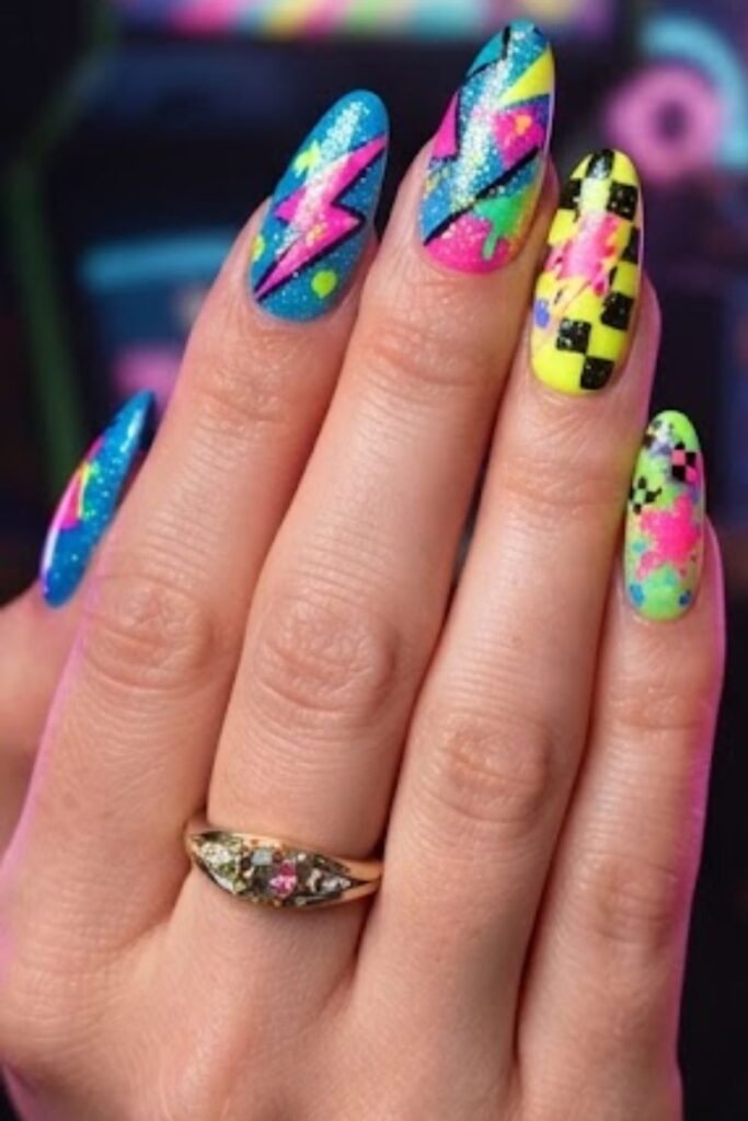 Dense neon glitter nails with a disco sparkle