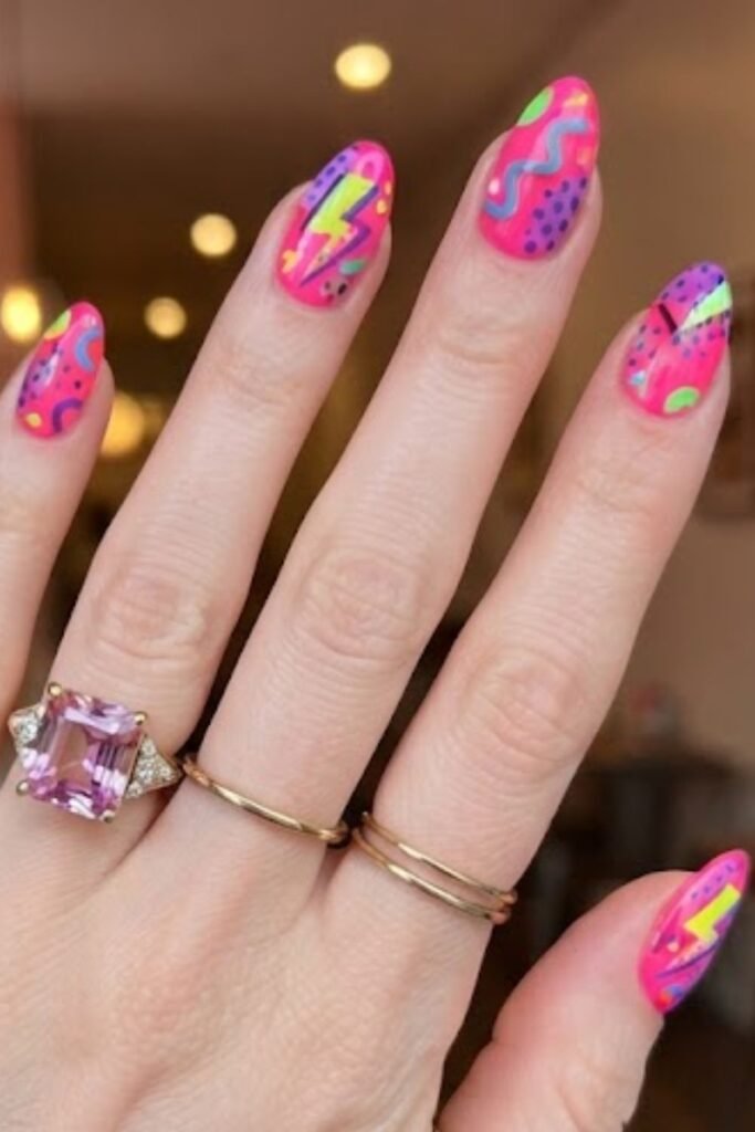 Full neon manicure with a different bright color on each nail