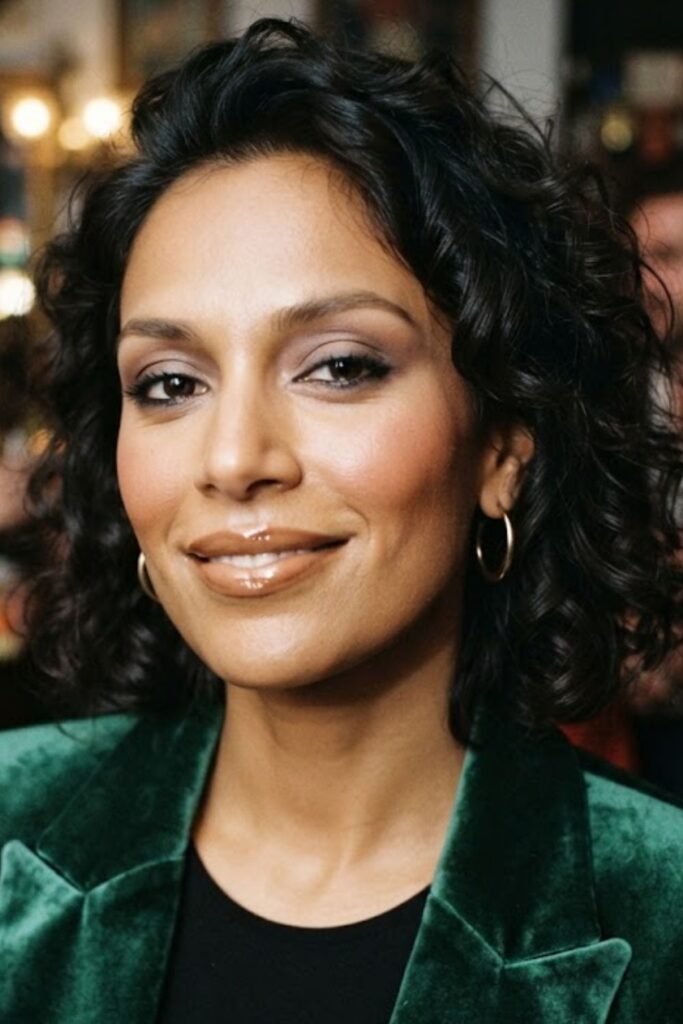 Woman with a glossy nude lip and bold 80s eye makeup