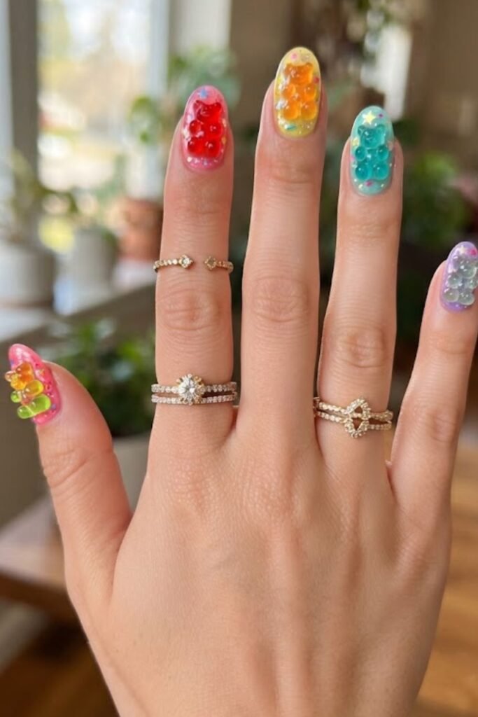 Gummy bear silhouette nail art on a clear base