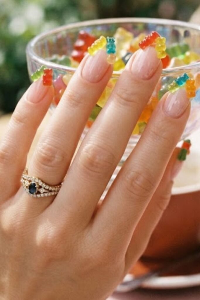 Gummy French tip nails with sheer candy-colored tips