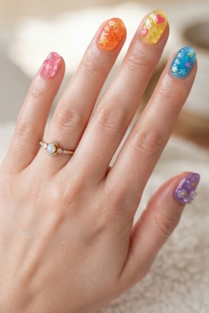 Gummy glaze nails with a domed, glossy candy finish