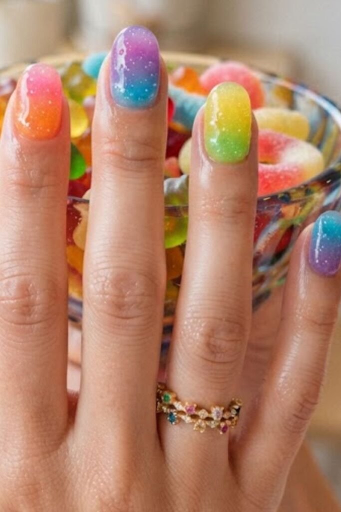 Sheer gummy ombre nails blending two candy colors