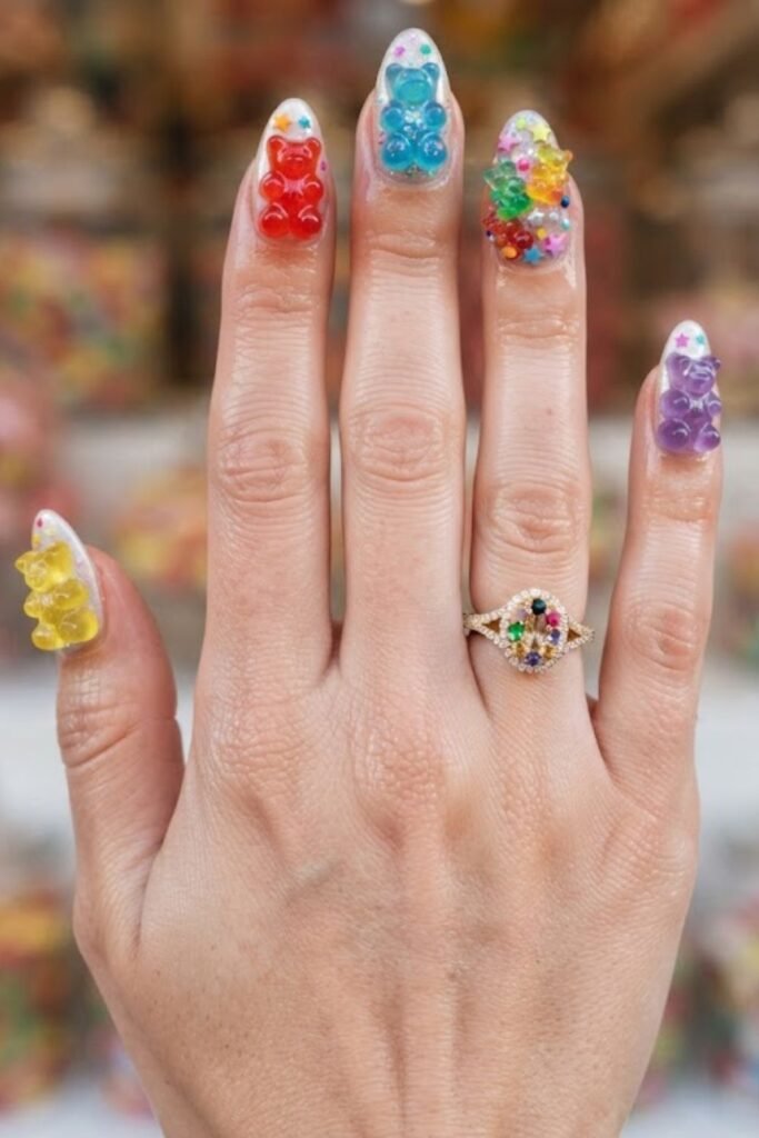 Gummy rainbow nail art with sheer candy stripes