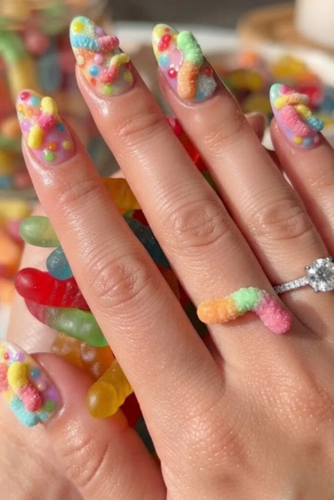 Gummy worm nail art in two candy colors on a clear base