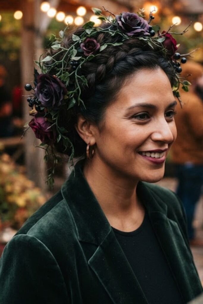 Hair Decorated with Fake Flowers and Dark Vines