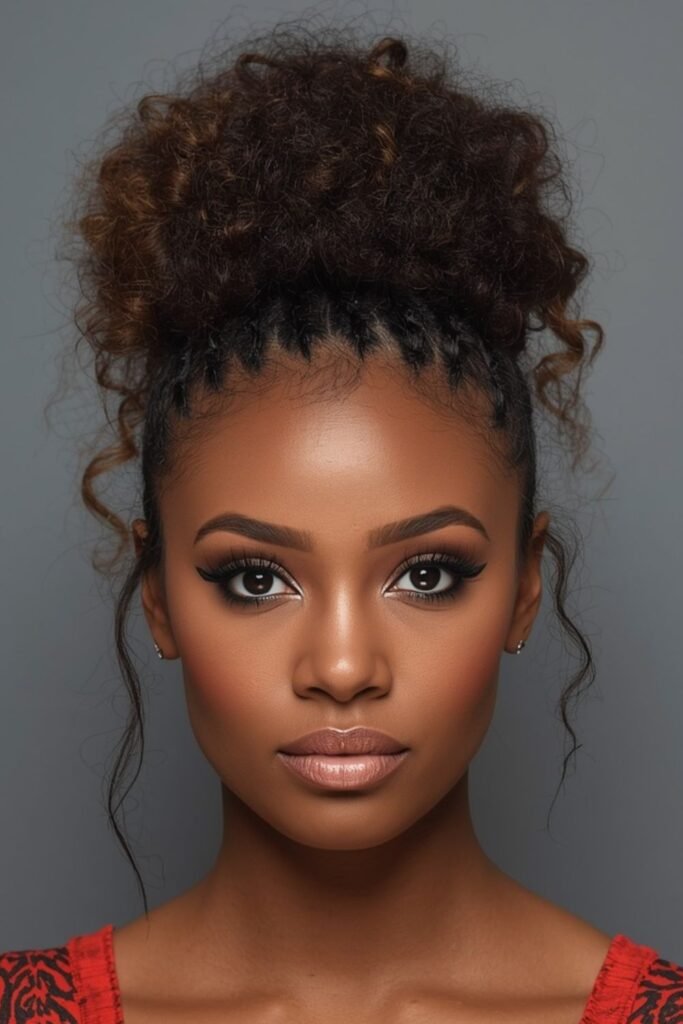 Curly pineapple updo secured with a gold scrunchie