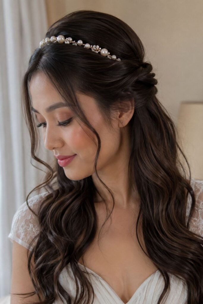 Bridal half-up twist with a pearl headband