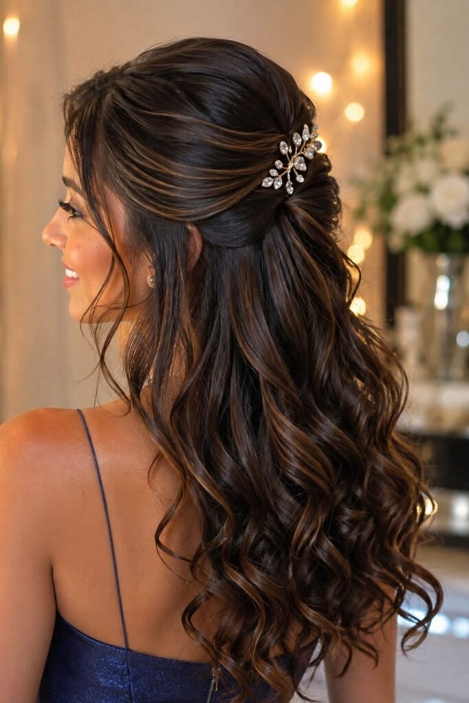 Half-up curls secured with a jeweled clip