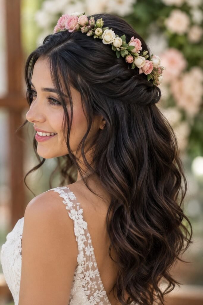 Bride with half-up soft waves and a floral crown